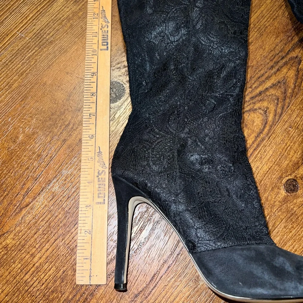 Guess Black Lace Textured Over Knee High Stiletto Heel Zip Up Boots Size 7